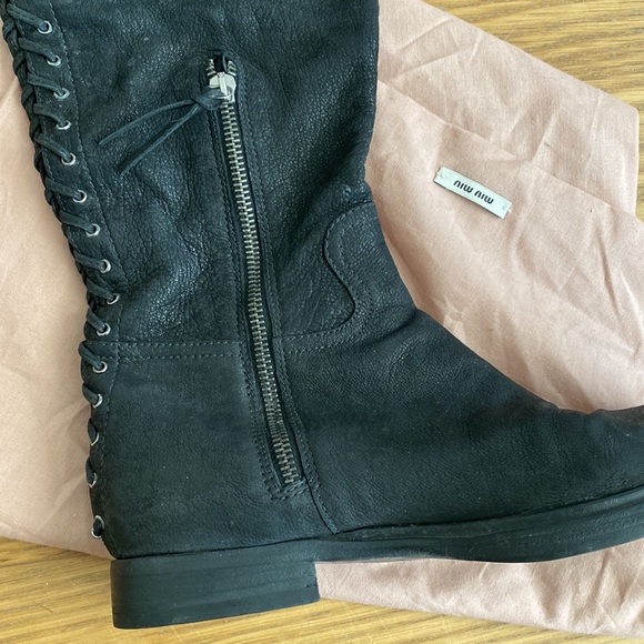 MIU MIU PRADA WOMEN BLACK LEATHER OVER-THE-KNEE BOOTS SIZE 7.5 37.5 - Picture 8 of 10